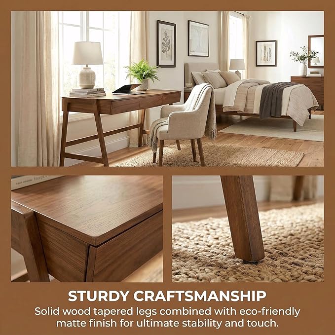 ROCITY Walnut Wood Desk with Drawers Home Office Desk Mid Century Modern Writing Table for Bedroom Vanity Living Room Study Workstation
