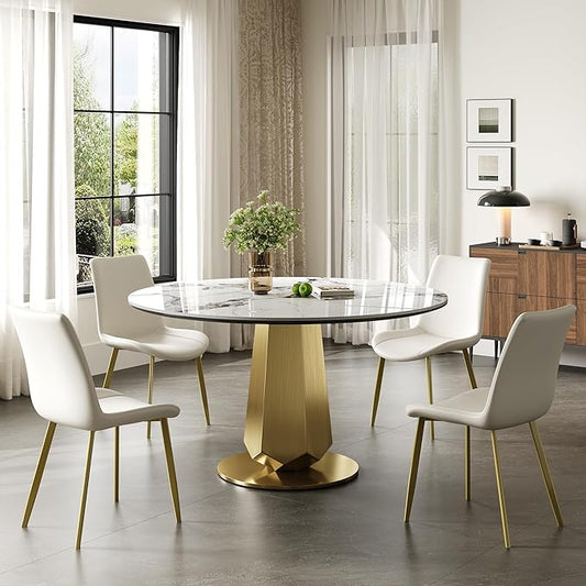 Montary 53 inch Luxury Round Dining Table Set with Sintered Stone Top & Gold Stainless Steel Base, Modern 5-Piece Kitchen Set for 4-8 People, Dining Table with 4 White PU Chairs, Easy Assembly