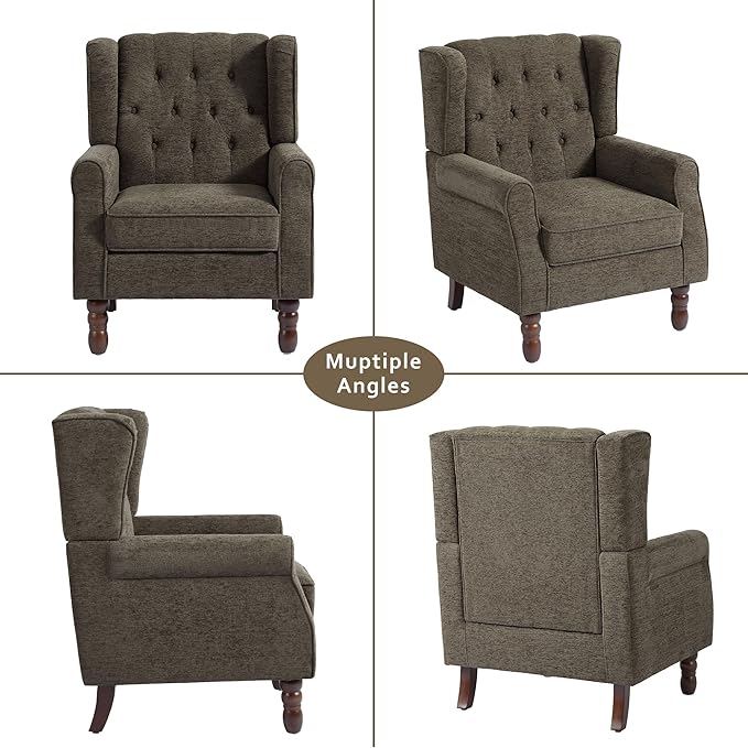 Accent Chair, High Back Upholstered Chair with Button Tufted, Mid-Century Modern Comfy Wingback Chair Reading Armchair in Fabric for Living Room for Bedroom, Office-Taupe