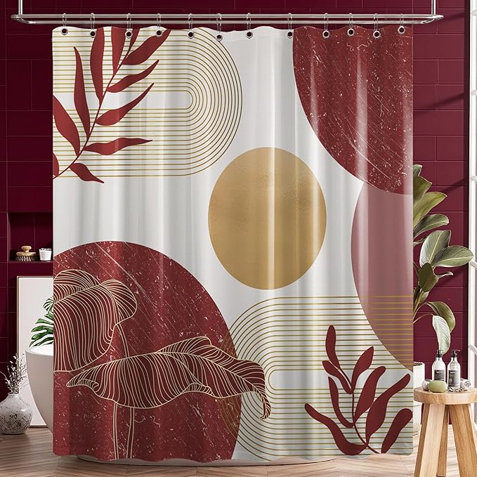 Red and Gold Shower Curtain Burgundy Dark Red and White Shower Curtains for Bathroom Decor Abstract MCM Bath Curtain Set, Waterproof Fabric with Hooks 70 x 72 Inch