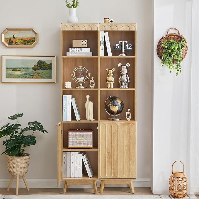 71" Tall Narrow Bathroom Storage Cabinet with Door, Small Fluted Cabinet with Adjustable Shelves & 3-Tier Open Shelf, Modern Freestanding Slim Organizer for Space Saving Living Room Kitchen (Natural)