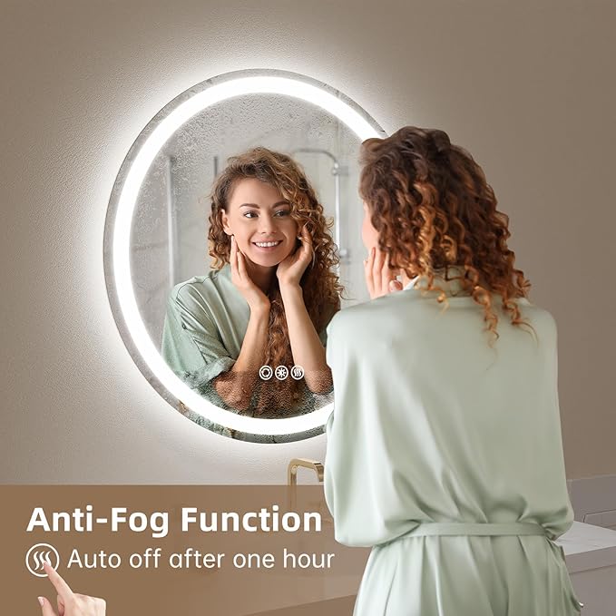 LOVESPEJO 36" Round LED Bathroom Mirror with Lights, Circle LED Mirror for Bathroom, Fogless, Dimmable, 3 Color Changing, IP54, Shatter-Proof