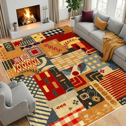 9x12 Abstract Tribal Patchwork Large Area Rug, Colorful Boho Tribal Geometric Rugs for Living Room, Non Slip Low Pile Washable Indoor Carpet Rug for Bedroom, Entryway, Dining Room, Home Office Decor