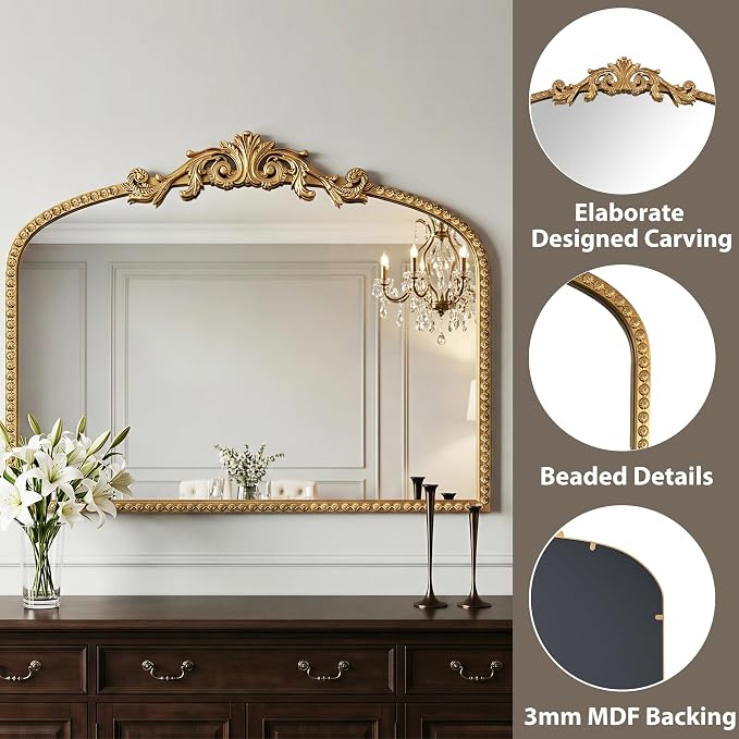Gold Arched Mirror - Vintage Wall Mounted Large Mirror: 35"x28" Matt Gold Antique Wall Decor - Baroque Traditional Ornate for Entryway/Fireplace/Bathroom/Hallway