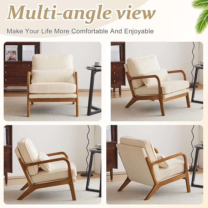 VINGLI Upgraded Premium Corduroy Accent Chairs Set of 2,Upholstered Arm Chair,Solid Wood Comfy Reading Chair with Pillow, Mid Century Modern Chairs for Living Room,Bedroom,Beige