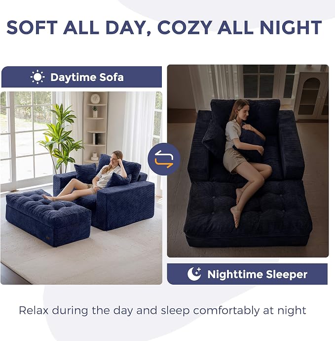 MAXYOYO Oversized Chaise Lounge Sofa, Upholstered Lounge Chair with 3 Pillows, Tufted Boneless Sofa Couch with Ottoman, Deep Seat Chair for Living Room, No Assembly, Navy