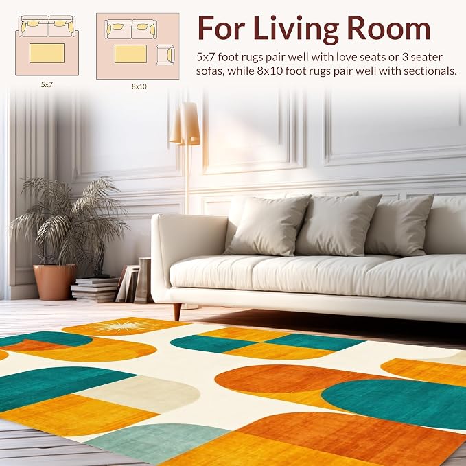Flatwoven High Traffic Area Rug 6x9, Mid Century Modern Geometric Shapes with Retro Atomic Motifs, Non Slip, Stain Resistant, Washable Area Rugs for Living Room, Bedroom (Yellow, 6x9)