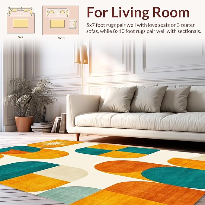 9'x12' Washable High Traffic Area Rug, Mid Modern Geometric Shapes with Retro Atomic Motifs, Flatwoven Area Rugs for Living Room, Bedroom (Yellow,9x12)