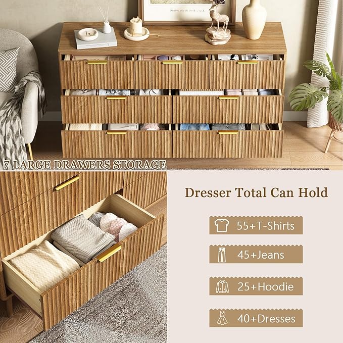 CARPETNAL Fluted Dresser and Nightstand Sets for Bedroom, 3 Pcs Bedroom Set, 7-Drawer Dresser & 2-Drawer Nightstand Set of 2, Modern Wood Chest of Drawers for Living Room, Entryway, Walnut