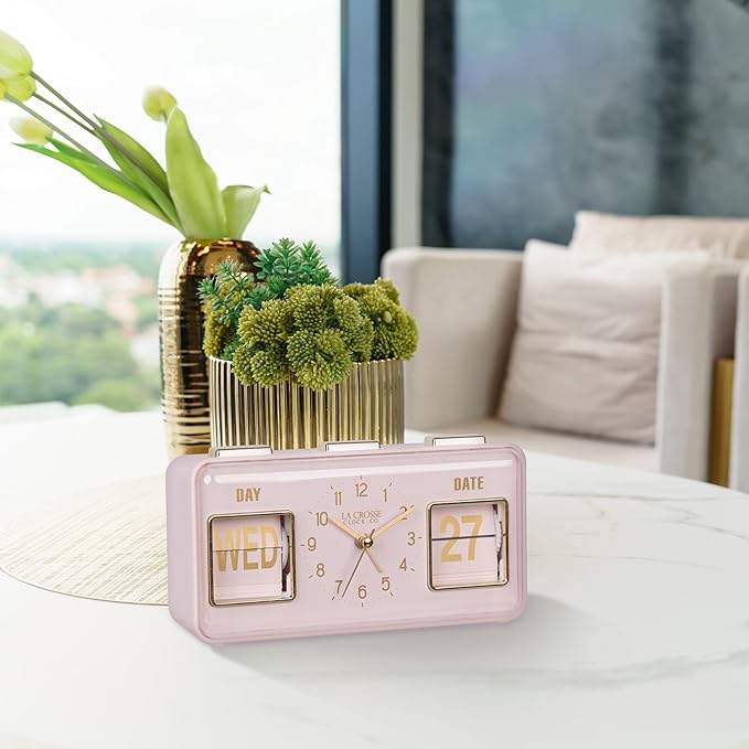 La Crosse Clock 636-379P Daily Flip Pink Tabletop Alarm Clock with Calendar