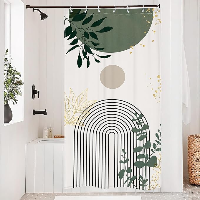 Riyidecor Small Stall Sage Green Boho Mid Century Shower Curtain for Bathroom Decor 36Wx72H Modern Abstract Gold Leaves Minimalist Geometric Art Printed Fabric Polyester Waterproof 7 Pack Plastic Hook