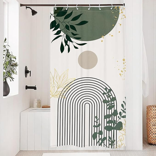 Riyidecor Small Stall Sage Green Boho Mid Century Shower Curtain for Bathroom Decor 36Wx72H Modern Abstract Gold Leaves Minimalist Geometric Art Printed Fabric Polyester Waterproof 7 Pack Plastic Hook