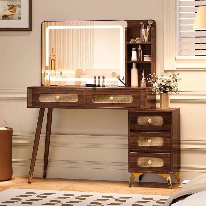 Boho Brown Vanity Desk with Mirror and Lights, Wooden Vanity Desk with Drawers & Shelves, 3 Lighting Modes Makeup Vanitys Tables for Bedroom, Dressing Room, Adjustable Brightness (Dark Walnut)