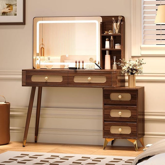 Boho Brown Vanity Desk with Mirror and Lights, Wooden Vanity Desk with Drawers & Shelves, 3 Lighting Modes Makeup Vanitys Tables for Bedroom, Dressing Room, Adjustable Brightness (Dark Walnut)