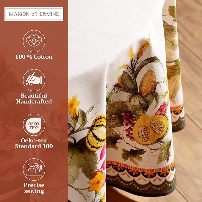 Maison d' Hermine Table Cloth Round Table 100% Cotton 69 Inches Fall Tablecloth Reusable Everyday Use for Thanksgiving Christmas Decorations Dining Farmhouse Party (Pumpkin Garden - Cloudy Cream)