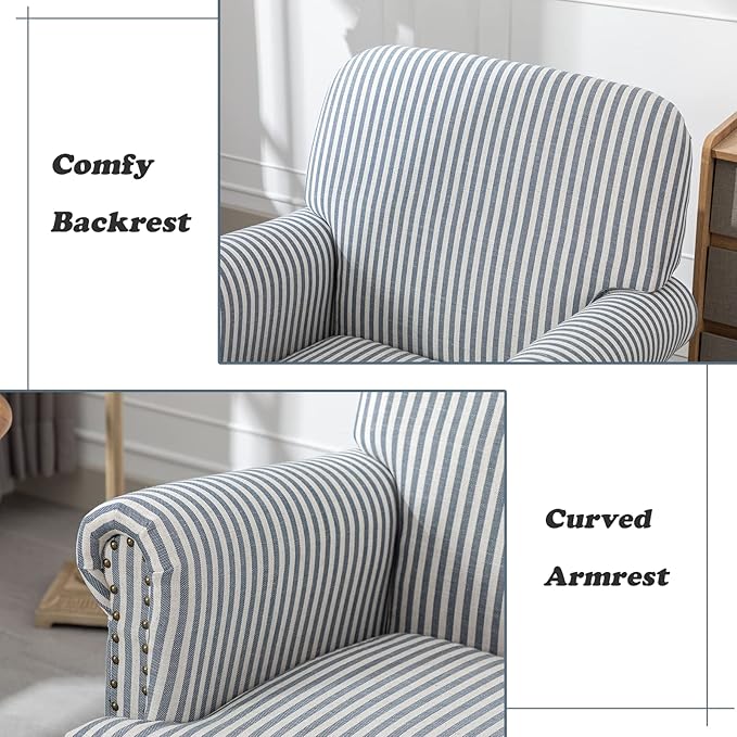 Linen Accent Chairs Set of 2 Mid-Century Modern Living Room Armchair with Nailhead Trim & Wood Legs Comfy Upholstered Single Sofa Chair for Lounge/Bedroom/Reception, Blue Stripe