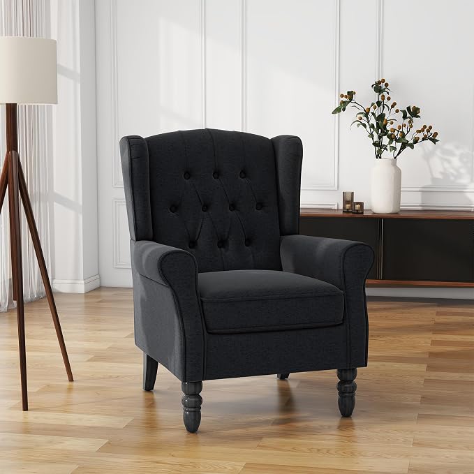 High Back Accent Chair, Fabric Wingback Chair Upholstered Armchair for Living Room, Comfy Single Sofa Bedroom Reading Seat with Retro Solid Wood Legs - Black Blue
