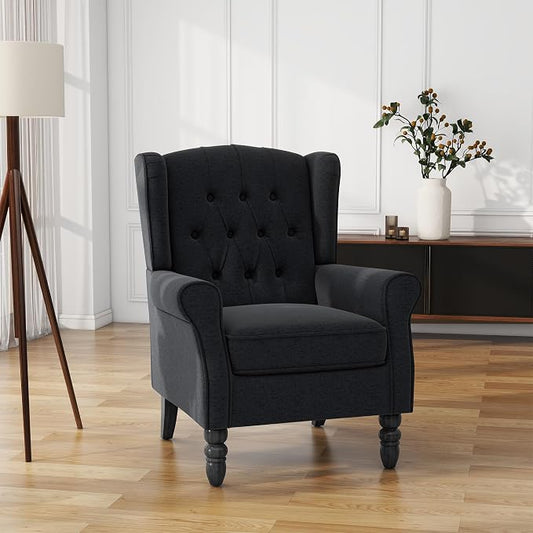 High Back Accent Chair, Fabric Wingback Chair Upholstered Armchair for Living Room, Comfy Single Sofa Bedroom Reading Seat with Retro Solid Wood Legs - Black Blue