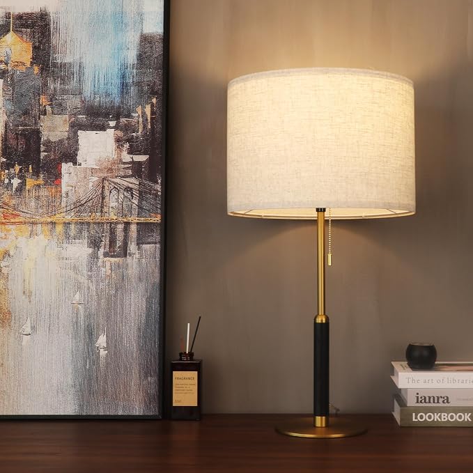 26.4" Pull Chain Table Lamp Modern Mid Century Bedside Lamps for Living Room End Tables 3-Color Light for Bedroom, Solid Wood/Metal/Fabric Lamp for Home/Office/Desk Decor (Light Brown+Brass)