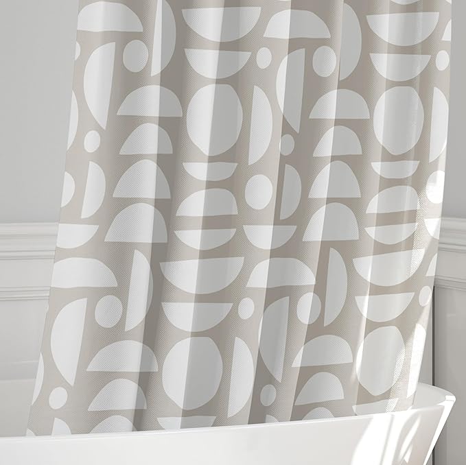 Linen Beige & White Abstract Shower Curtain – Boho Pattern – Modern Minimalist Scandi Style – Neutral Fabric Bathroom Decor – 72x72 Inches (Linen Half Circle)