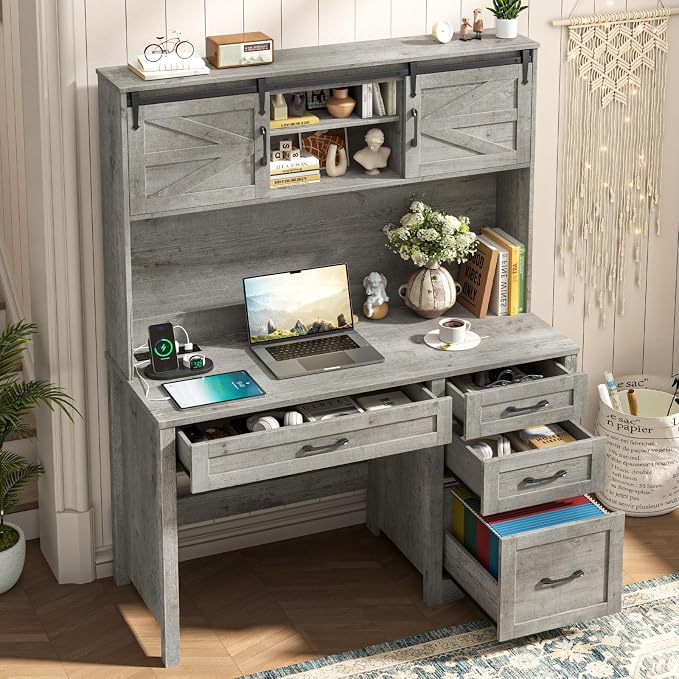 Vabches Farmhouse 67" H Executive Desk with Hutch,Office Table with LED Light and 5 Drawers,Computer Desk with Charging Station,File Drawers and Storage Cabinet,Workstation for Home Office.Grey
