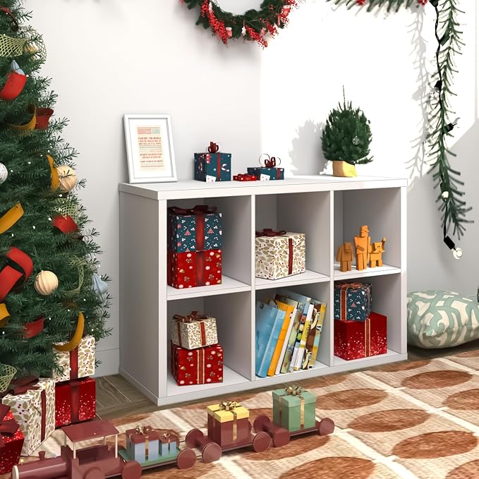 Endearing Limons【2026 Wooden Thick Border 6 Cube Shelf Storage Organizer with Anti-Tipping Kits + Reversible Open Back Bookcase (11 * 11 Unit Cell White)