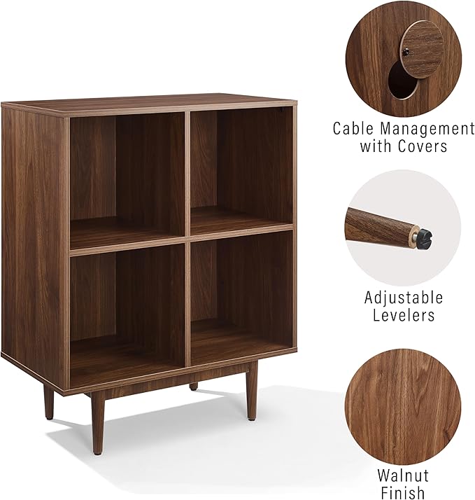 Crosley Furniture Liam Vinyl Record Storage 4 Cube Media Stand for Turntables, Mid-Century Modern Bookshelf, Walnut