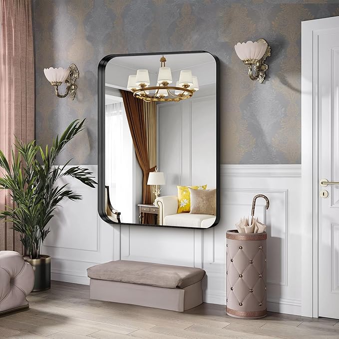 CIRCUMI Black Bathroom Mirror, 36"x50" Rectangular Mirror with Deep Metal Frame, Rounded Corner, Tempered Glass, Large Mirror for Wall, Over 2 Sinks, Installed Vertically/Horizontally, Crystal-Clear