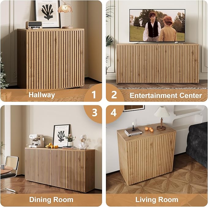 Rophefx Fluted Sideboard Cabinet, 63" Buffet Cabinet with Storage, Credenza Storage Cabinets with Adjustable Shelf, Wood Entryway Cabinets with Pop-up Doors for Living Room, Entryway, Hallway, Oak