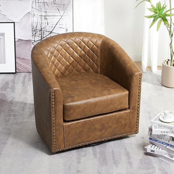 KINWELL 29" Wide Tufted Faux Leather Swivel Barrel Chair, PU Leather Modern Upholstered Accent Chairs with Nailhead Trim, Small Armchair for Living Room Bedroom, Coffee