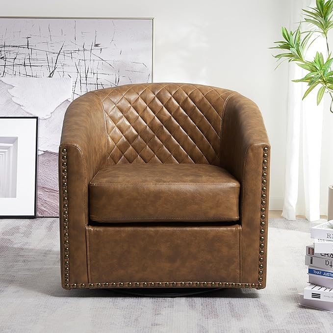 KINWELL 29" Wide Tufted Faux Leather Swivel Barrel Chair, PU Leather Modern Upholstered Accent Chairs with Nailhead Trim, Small Armchair for Living Room Bedroom, Coffee