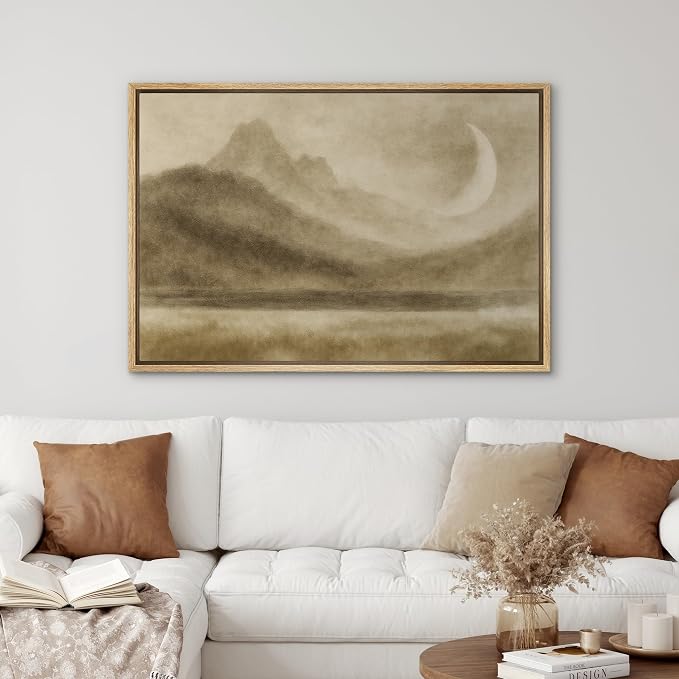 SIGNWIN Framed Canvas Print Wall Art Moon Over Mountain Landscape Dreamy Sepia Toned Wall Decor Illustrations Minimalism Decorative Boho Retro for Living Room, Bedroom, Office - 16"x24" Natural