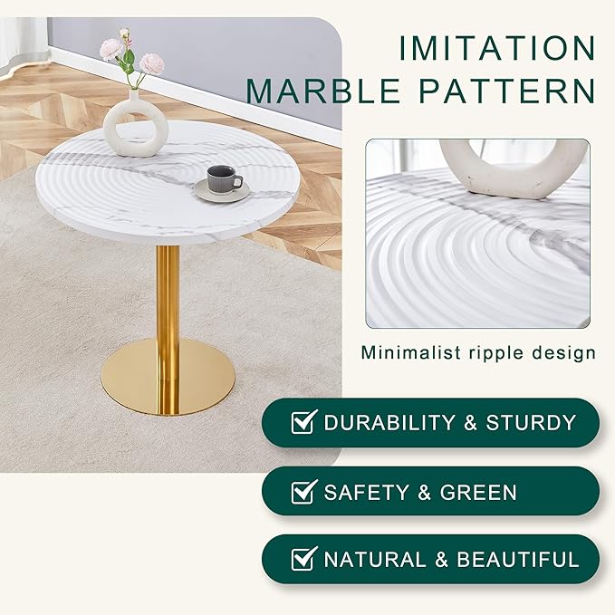 31.5 Inch Round Dining Table for 2-4 Person,Mid-Century Modern White Tulip Kitchen Table, Faux Printed Marble Top with Suction Molding Annular Texture and Gold Metal Base