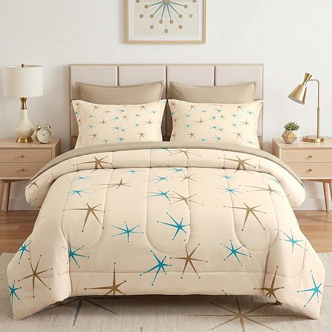 Pamnest Comforter Set Twin Size, Mid Century Vintage Atomic 5 Pcs Bedding for Kids and Adults, Retro Geometric Science Bed Sheet Sets with Fitted Sheet Pillowcase & Sham for Bedroom Bed Decor