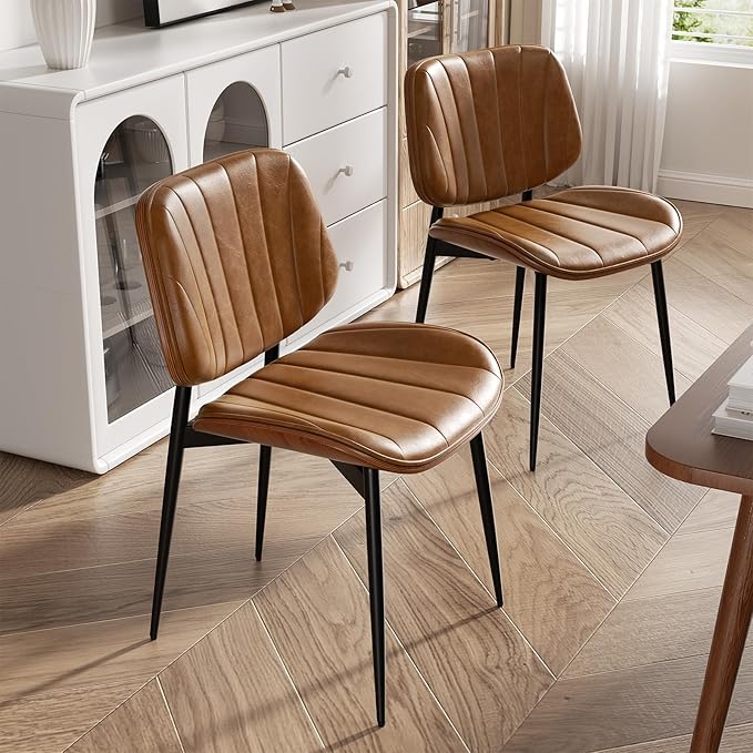 Dining Chairs Set of 2, Mid Century Modern Dining Room Chair, Upholstered Faux Leather Kitchen Chairs with Walnut Bentwood Back and Metal Legs for Kitchen Dining Room Living Room, Brown