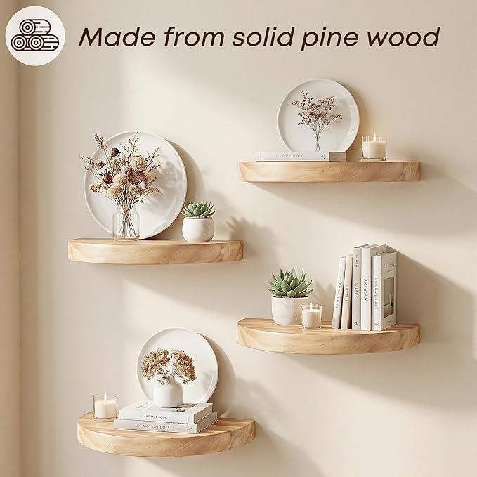 Small Wood Floating Shelves (4-Pack, 6-inch Diameter) - Round Sturdy Invisible Wall Mount Display for Small Plants,Toys,Bathroom,Living Room Storage & Modern Rustic Décor (Carbonized Brown)