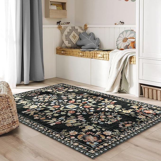 MUJOO Black Rug Washable,Floral 4x6.5 Area Rugs for Bedroom Bedside Living Room,Large Boho Indoor Floor Rug Non Slip Throw Carpet Low Pile Vintage