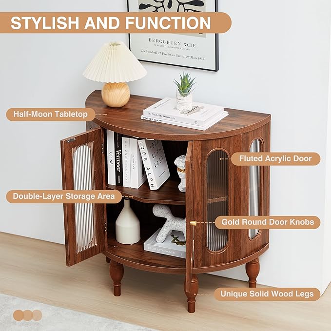 XUZENEST 31'' Sideboard Buffer Cabinet with Storage, Semi-Circle Modern Accent Storage Cabinet with Wooden Finish & Acrylic Doors, Console Table for Living Room Entryway Hallway (Walnut)