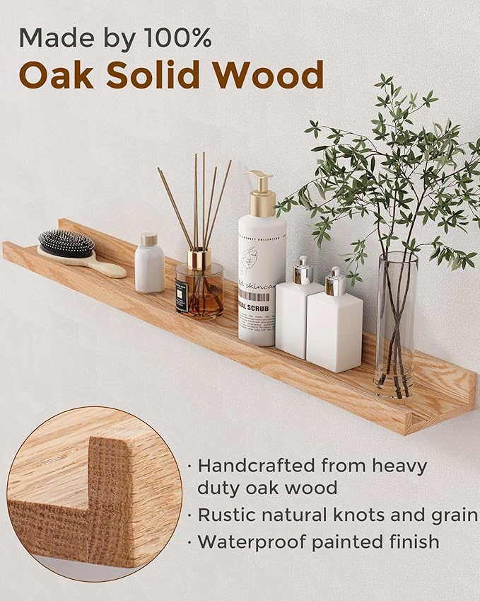 Axeman Oak Picture Ledge Shelf, 24 Inch Floating Shelves Set of 2, Solid Oak Wood Wall Shelves with Lip, Wall Decor Storage for Bedroom Living Room Bathroom Kitchen Nursery Photo Picture, Natural Oak