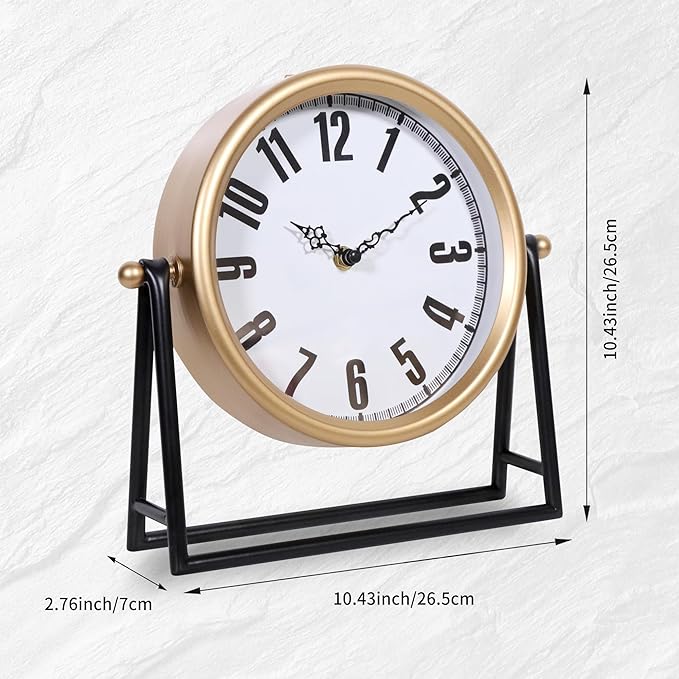 Vintage Gold Table Clock, Silent Non-Ticking Decorative Desk & Mantel Clock, Battery Operated Retro Farmhouse Shelf Decor for Living Room