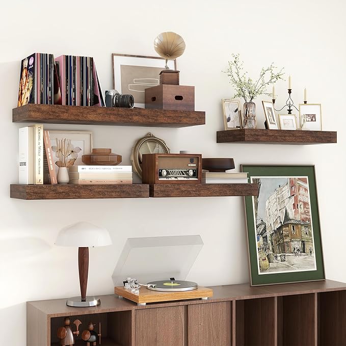 Deep Floating Shelves | 24 Inch Brown Floating Shelves Set of 2 | 12 Inch Deep Rustic Wood Shelves for Wall | 24" W x 12" D Brown Shelves for Living Room Bathroom Laundry Room Kitchen