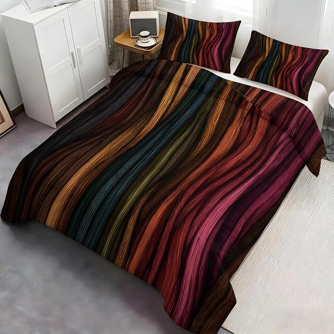 Modern Abstract Wavy Stripe Dark Duvet Cover King Size, Boho Colorful Stripe Bedding Set 3 Piece, Ethnic Geometric Patterned Comforter Cover with Zipper Soft Microfiber, 2 Pillowcases