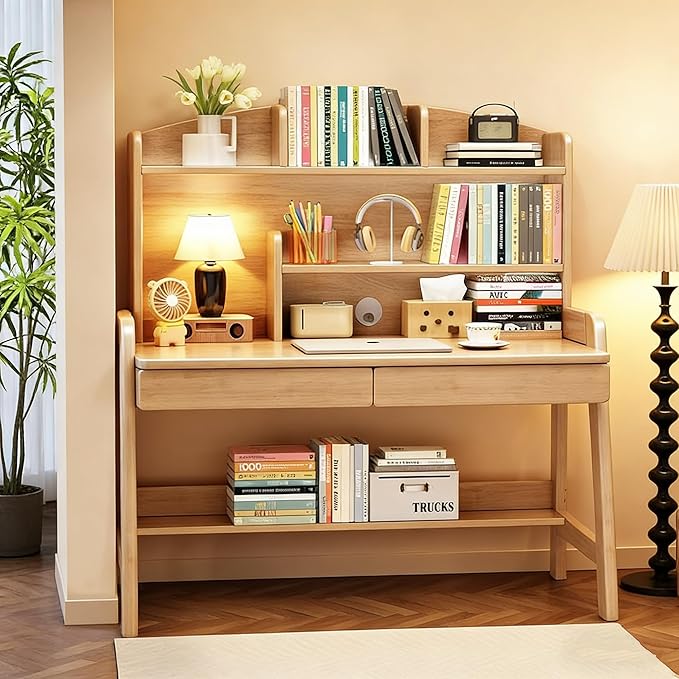 Home Office Desk with Drawers & Shelves, Wood Work Desk for Small Spaces, 3-Level Height-Adjustable Desks with Storage, Home Office Table for Bedroom & Office, Natural, 36.7 Inch