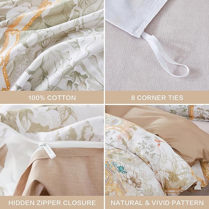 SAPHREAS Gold Floral Duvet Cover Set 3pcs King Size White Flower Botanical Blossom Bedding Comforter Cover Set 100% Cotton 1 Duvet Cover 2 Pillow Shams, Comforter Not Included
