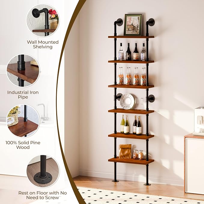 Industrial Ladder Pipe Shelves, Wall Mounted Rustic Bookshelf, Retro Metal Wood Bookcases (Walnut, 6 Tier - 10" D x 24" W x 82.5" H)