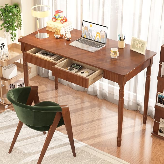 Solid Wood Desk with Drawers - 48 Inch Mid Century Modern Writing Desk,Simple Study Table Home Office Desks for Small Spaces,Easy Assembly Desks for Bedroom, Living Room&Office-Walnut Color