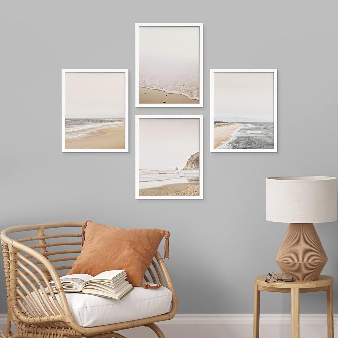SIGNWIN Framed White Minimalist Ocean Beach Seashore Scenic Wall Art, Set of 4 Landscape Colorful Wall Decor Prints, Nature Wilderness Wall Décor for Living Room, Bedroom - 11"x14" White