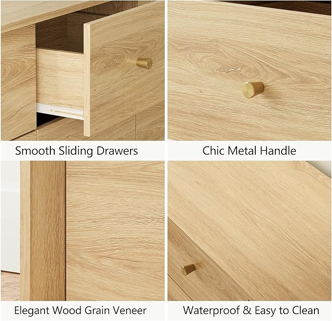 9 Drawer Dresser, Mid Century Modern Dresser with Storage, 55" Wide Chest of Drawers with Wood Grain Texture, Dressers TV Stand for Bedroom, Living Room, Hallway, Gold Oak