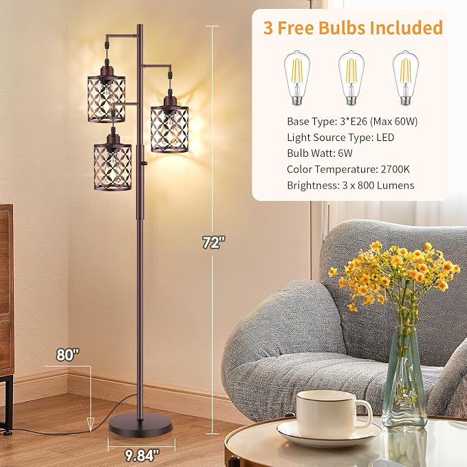Dimmable Floor Lamp, Farmhouse Standing Lamp with Elegant Metal Cage, Industrial Tall Tree Floor Lamps for Living Room, Bedroom, Study Room, Office, 3 x 800LM LED Bulbs Included, 72", Brown