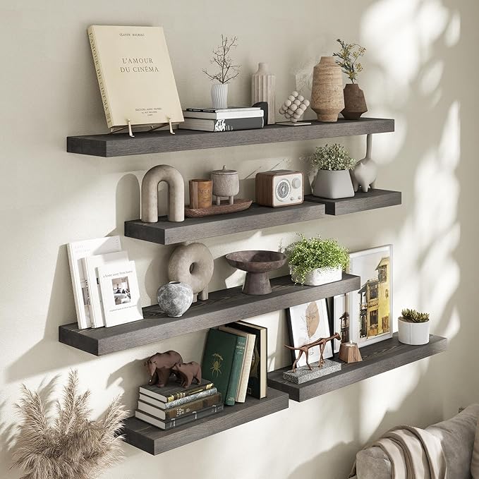 Marsmiles Wood Floating Shelves for Wall - 24 Inch Grey Wood Floating Shelves Set of 2-24 Inch Wide x 7.7 Inch Deep x 1.6 Inch Thick Rustic Wooden Shelves for Room Wall